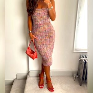 Multicolor Strapless Tweed Dress